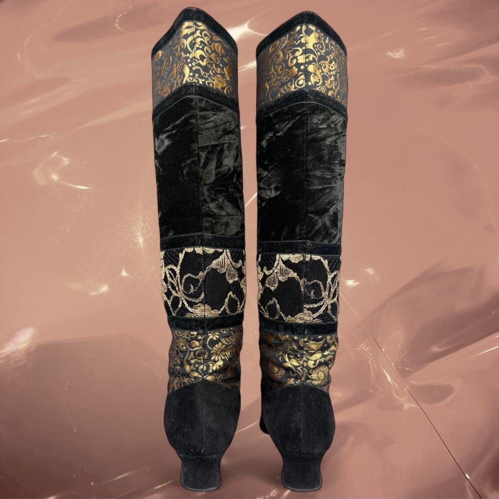 Vintage Black Suede & Gold Tapestry Knee-High Boots Velvet Brocade Statement 7B - Picture 3 of 8